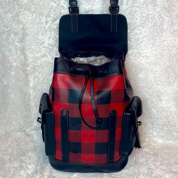 New Coach Unisex Hudson XL Drawstring Backpack in Red Black Buffalo Plaid Print - Picture 10 of 17